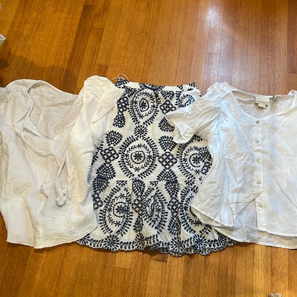 3 Piece Bundle, 2 White Shirts and a White/Blue Embroidered Midi Skirt, XS